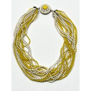 Vintage multi stand yellow and white beaded collar necklace